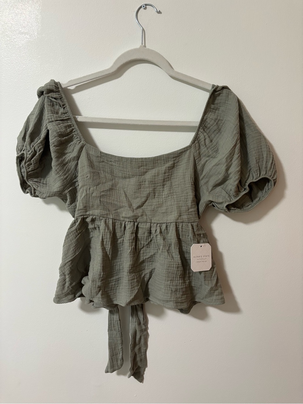 Altar'd State Olive Sage Square Neck Puff-Sleeve Peplum Top
